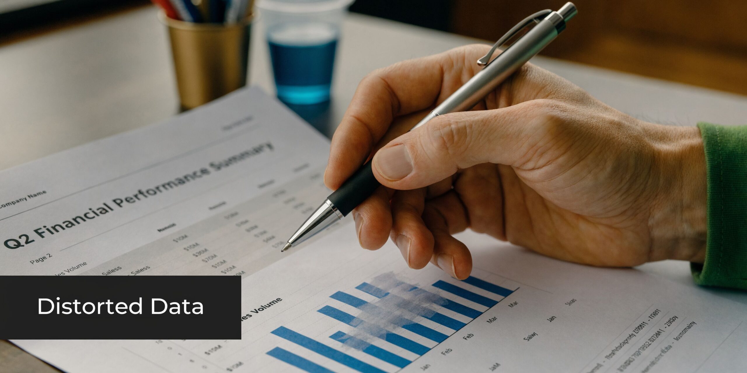 A professional analyzing a Q2 financial performance document with a bar chart using a metallic pen.