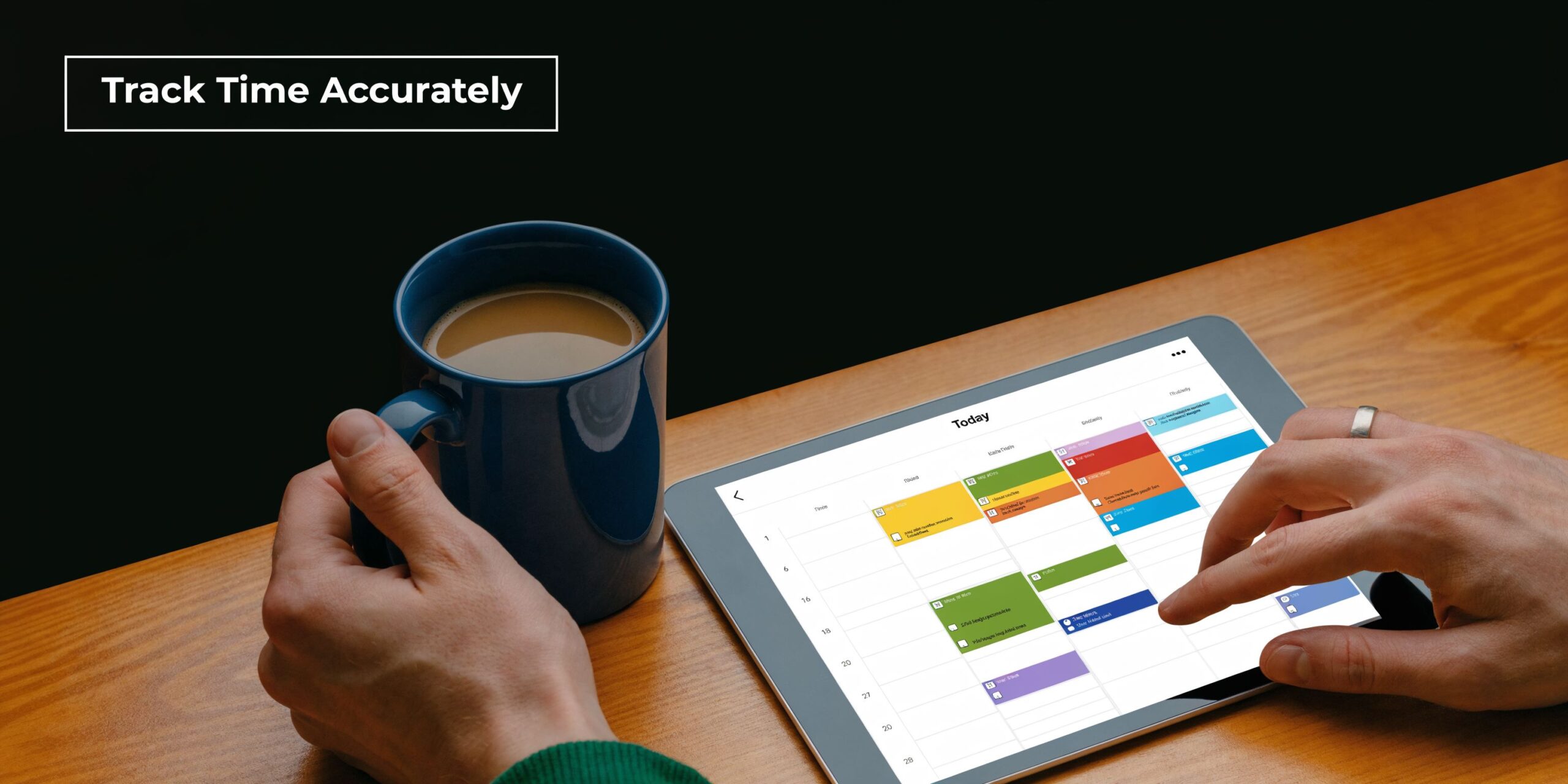 A person using a tablet to view their daily schedule while holding a cup of coffee.