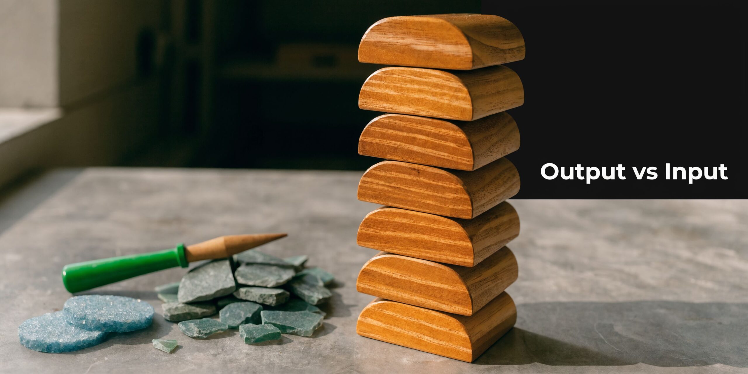 A stack of wooden semi-circle blocks sits next to a pile of green stone fragments on a desk.