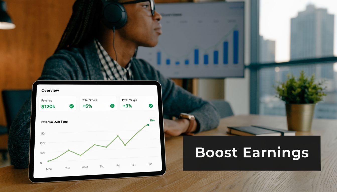 A professional analyzing business revenue growth charts on a tablet in a modern office workspace environment.