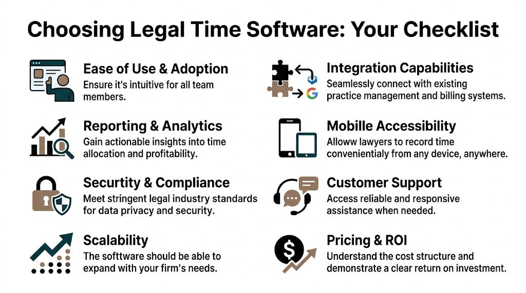A checklist infographic titled Choosing Legal Time Software with eight key features for law firms to consider.