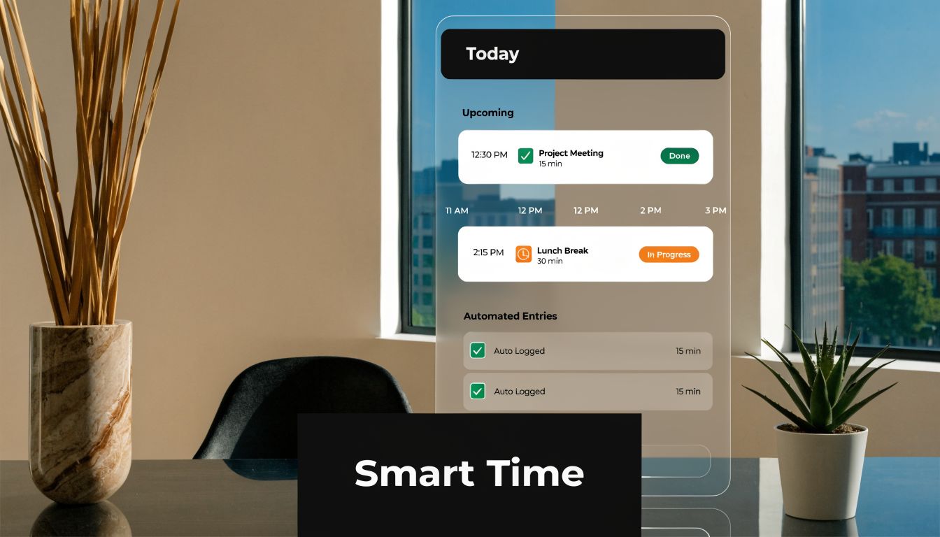 A digital glass-like interface showing daily schedule, meetings, and task automation on a sleek office desk.