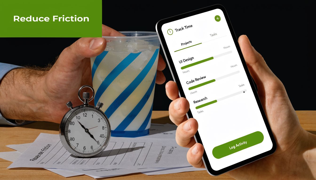 A hand holds a smartphone displaying a time tracking application alongside a stopwatch and drink.
