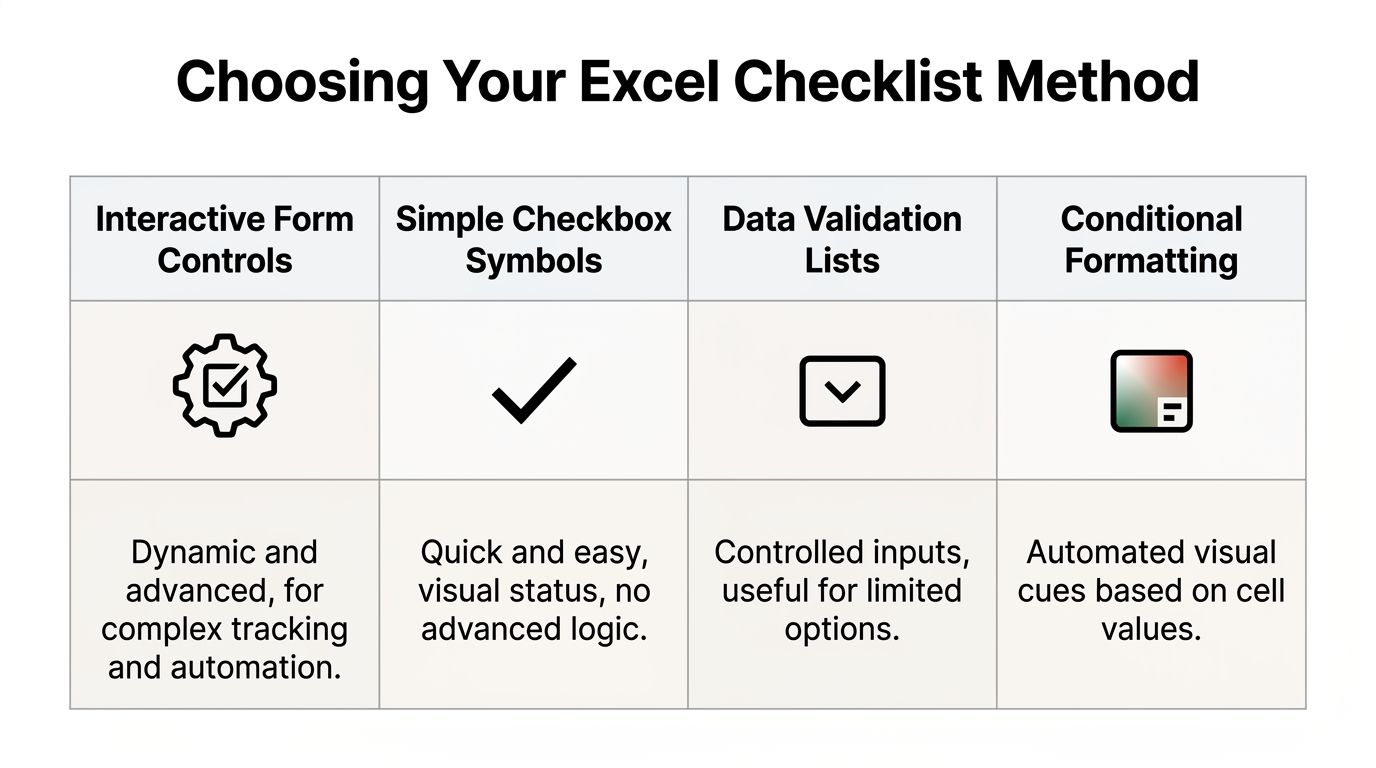 A table outlining four different methods for creating checklists in Excel: Form Controls, Symbols, Data Validation, and Conditional Formatting.
