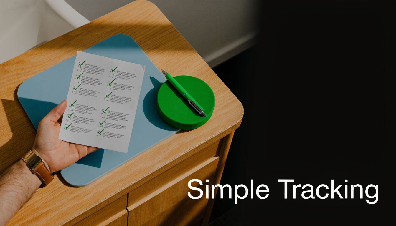 A hand holding a paper checklist with green checkmarks next to a pen on a wooden table.