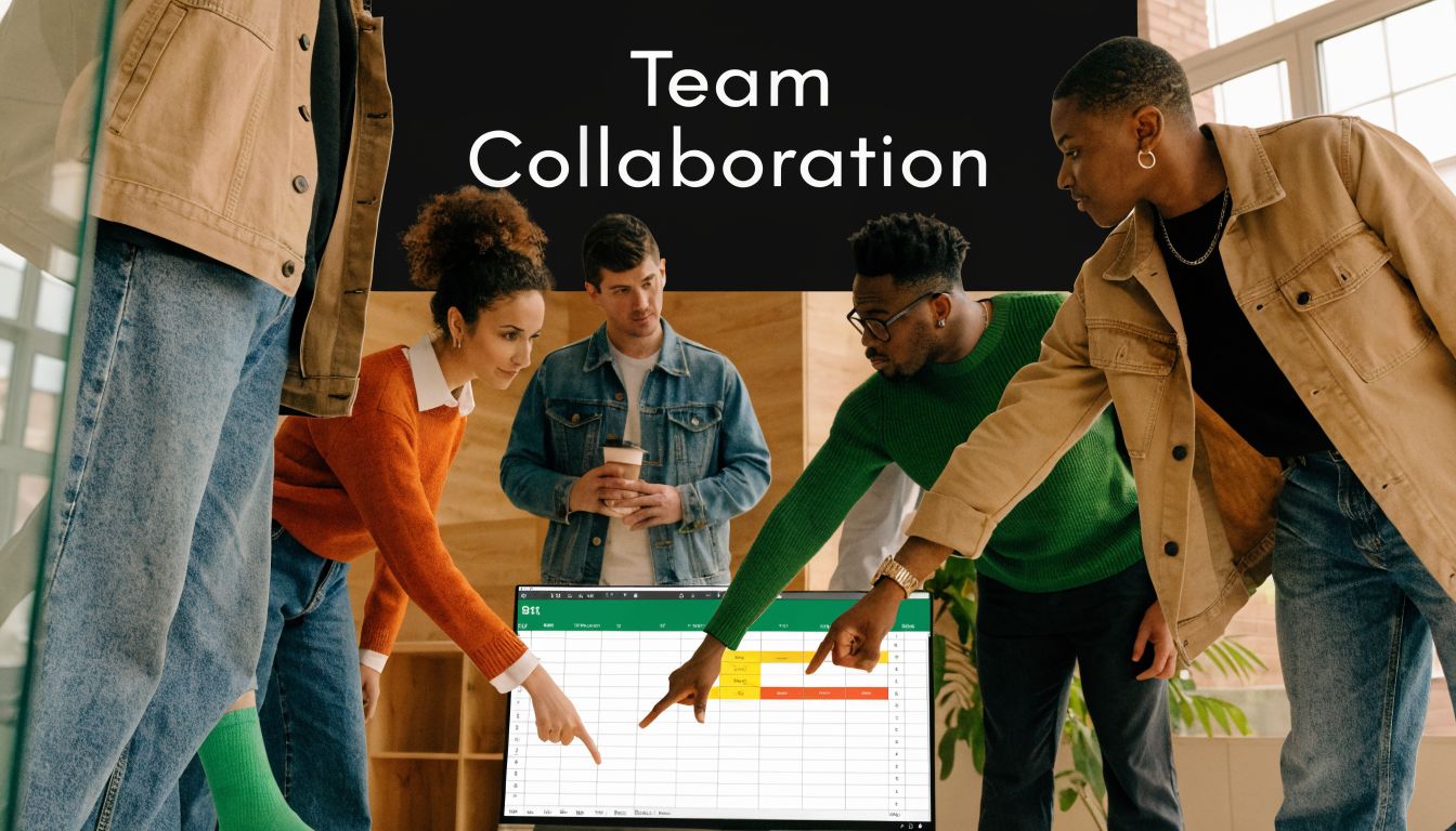 A diverse group of professionals collaborating while pointing at a project schedule displayed on a computer screen.
