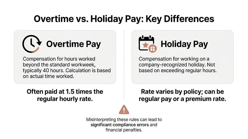 A graphic infographic comparing the key differences between overtime pay and holiday pay for employees.