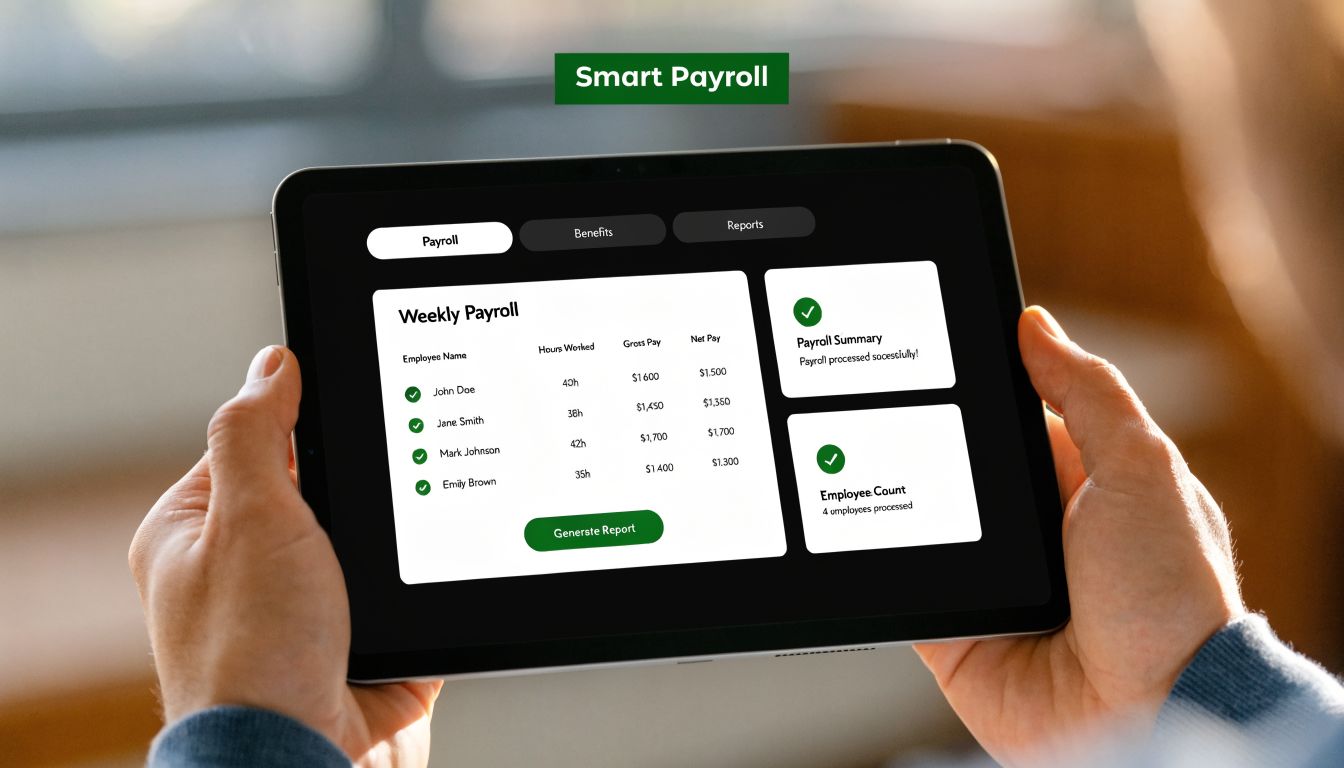 A person holding a tablet displaying a weekly payroll management dashboard with employee pay details and statistics.