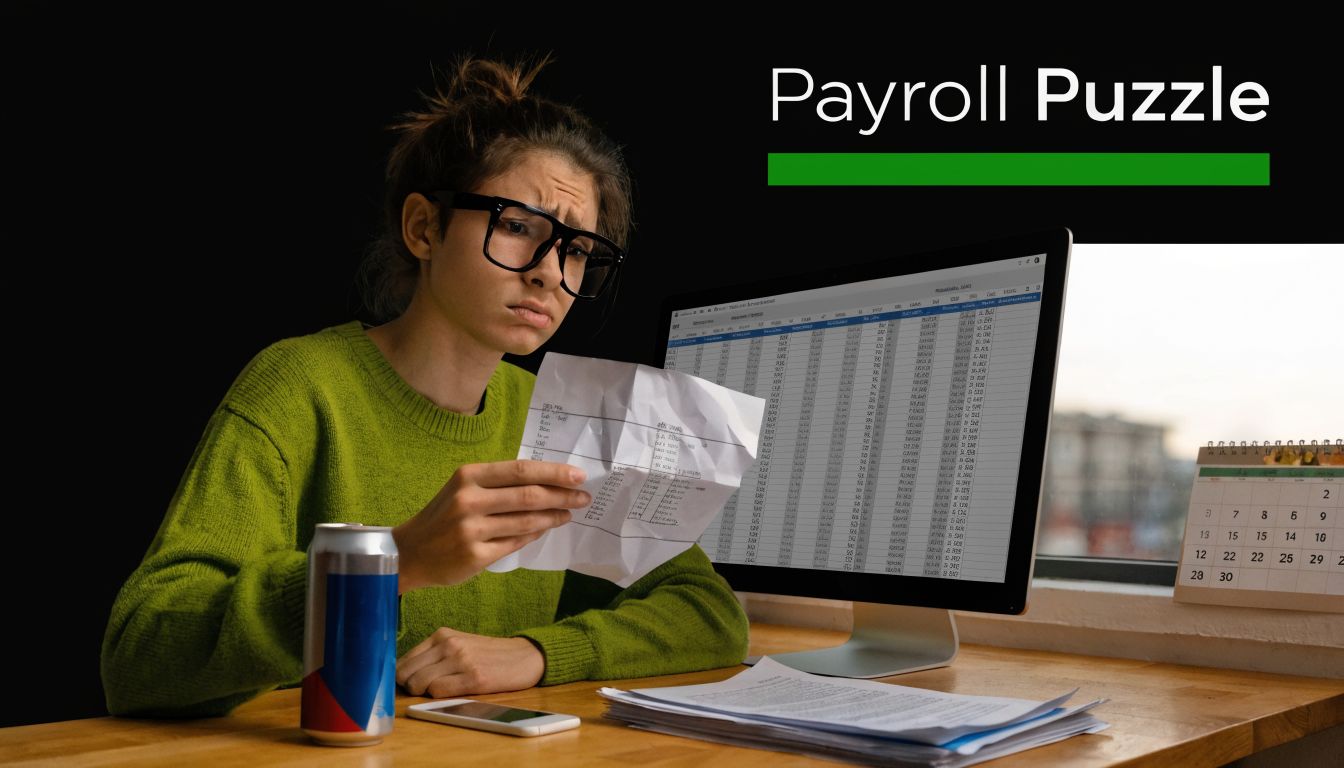 A frustrated woman wearing glasses reviews payroll documents while sitting at a desk with a computer monitor.