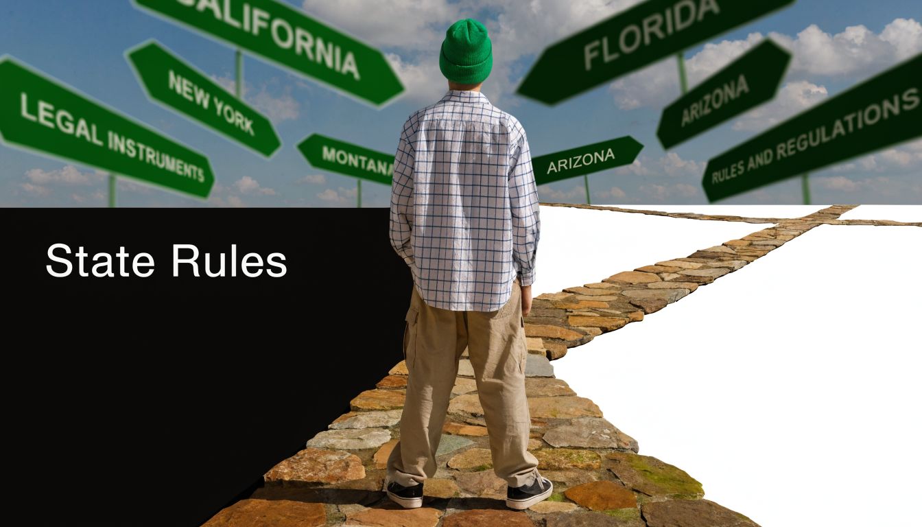 A person standing on a stone path looking at multiple green road signs with state names.