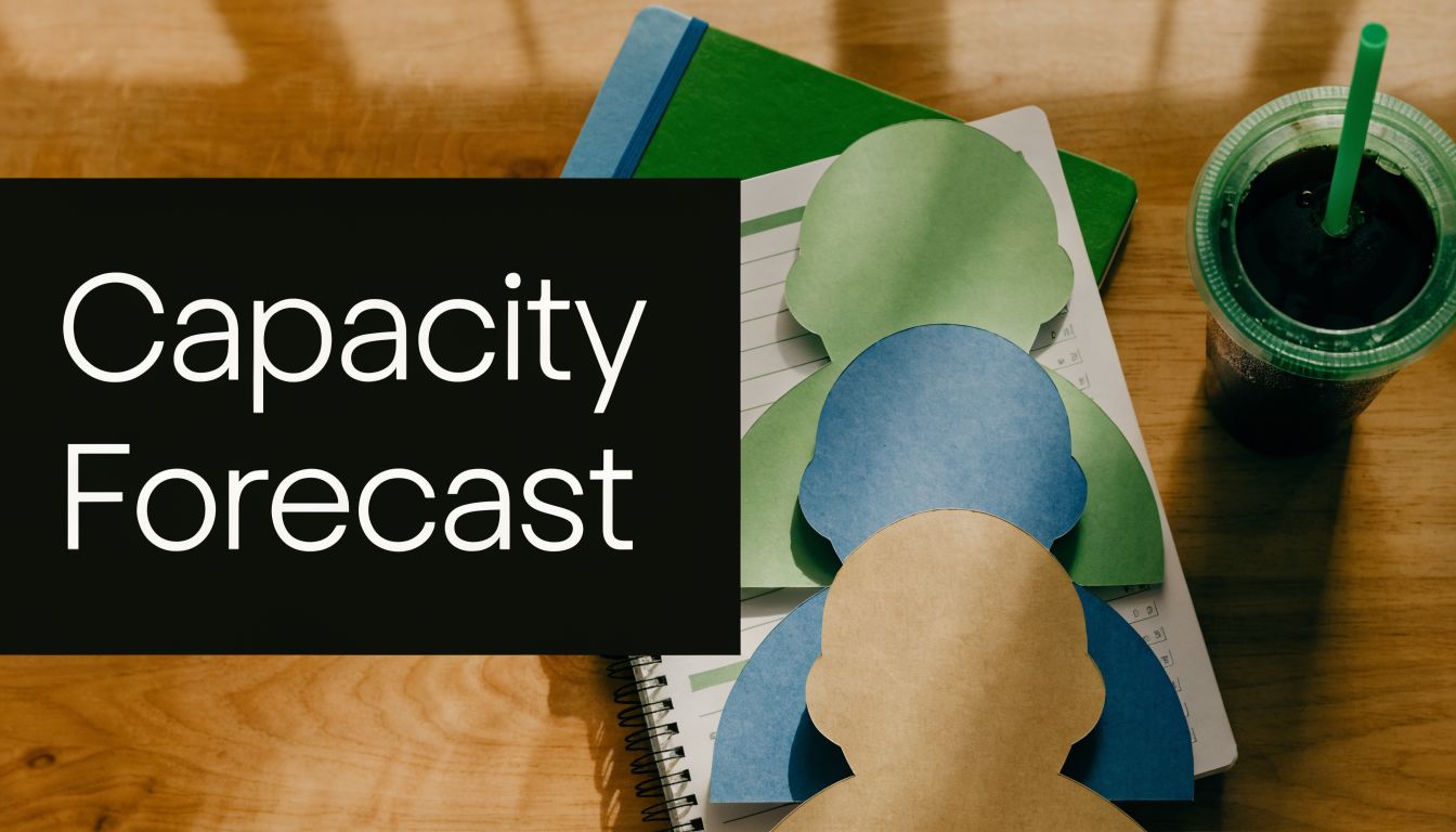 A professional desk workspace with a sign labeled Capacity Forecast, paper cutouts of people, and notebooks.
