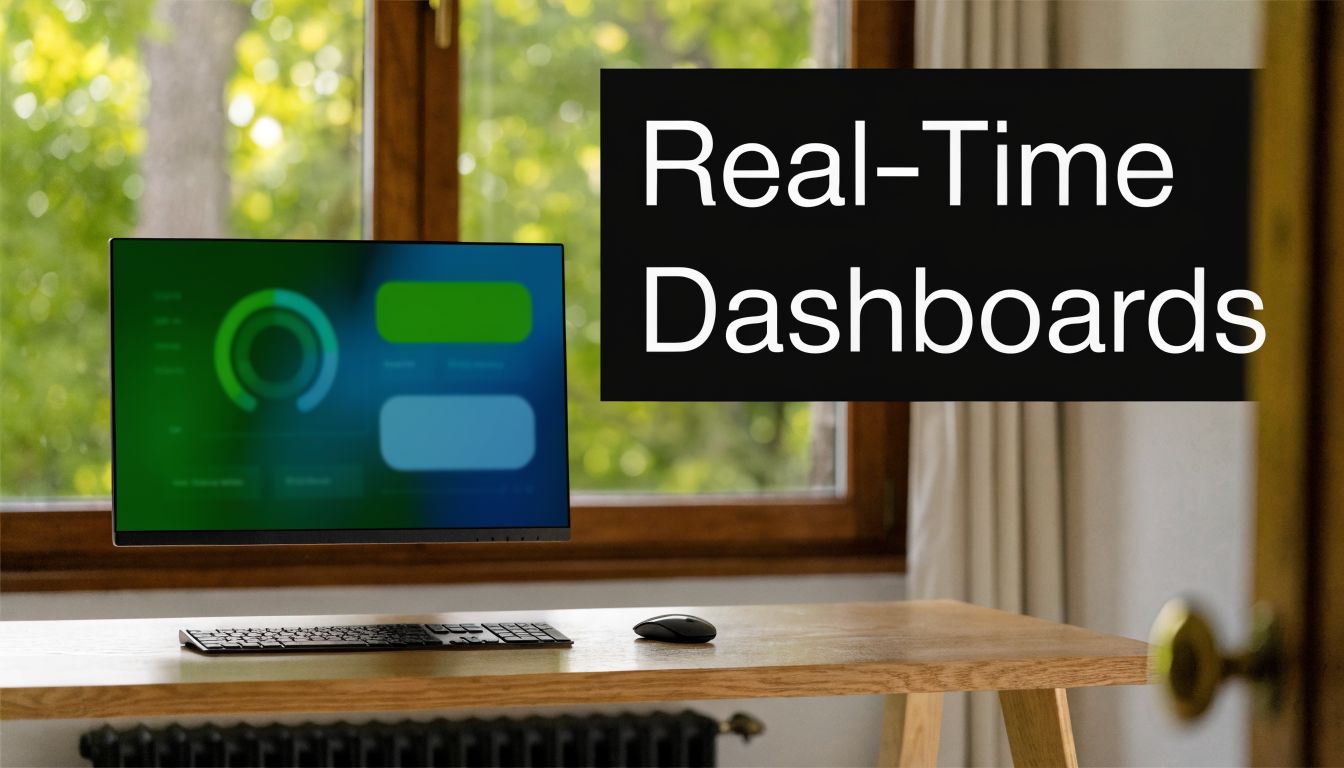 A modern computer setup displaying a real-time analytics dashboard on a desk in a bright office.