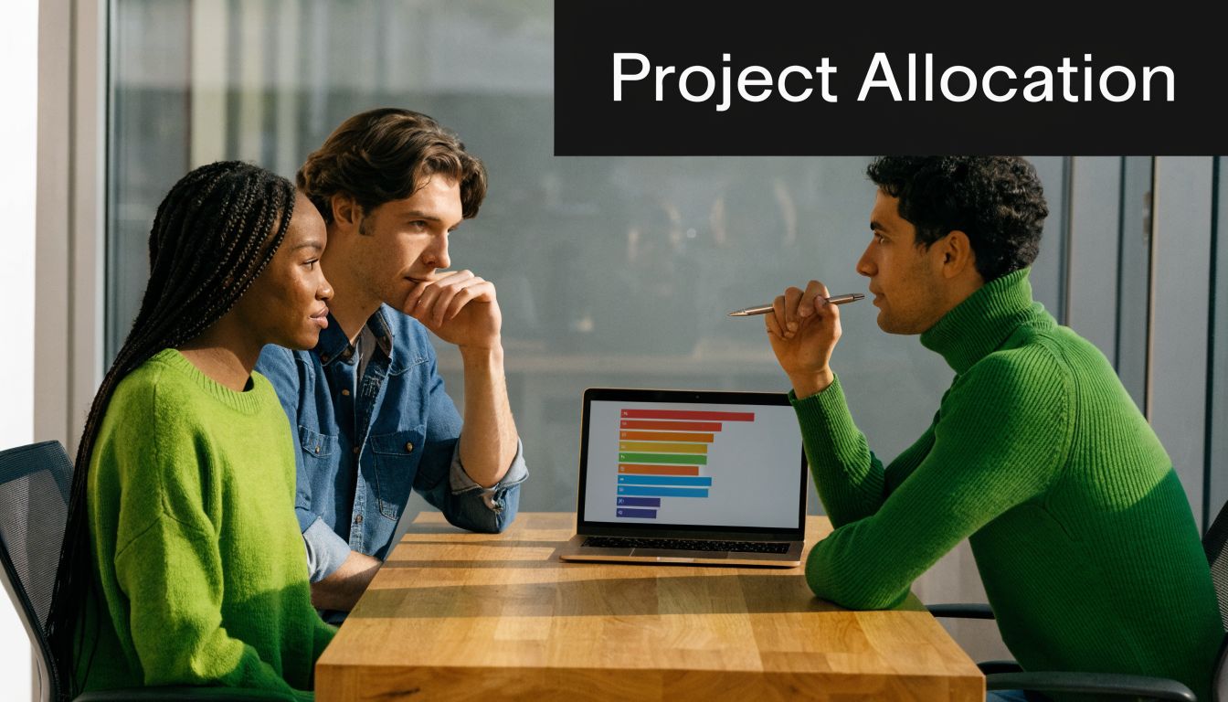 Three professionals collaborating on a project allocation plan while looking at a chart on a laptop.