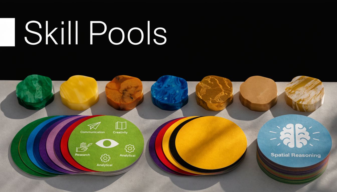 A conceptual display of Skill Pools with colorful resin tokens and circular skill cards organized on a white surface.