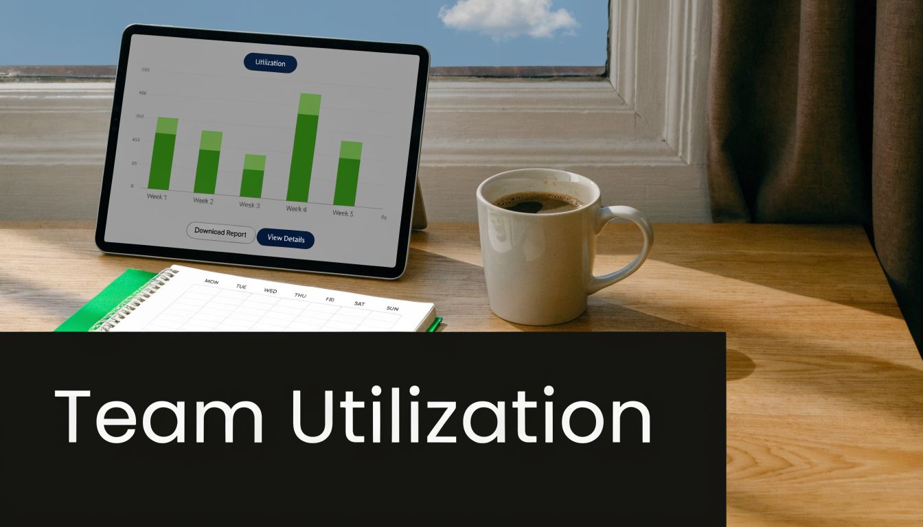 A digital tablet displaying a team utilization chart beside a coffee cup and planner on a desk.