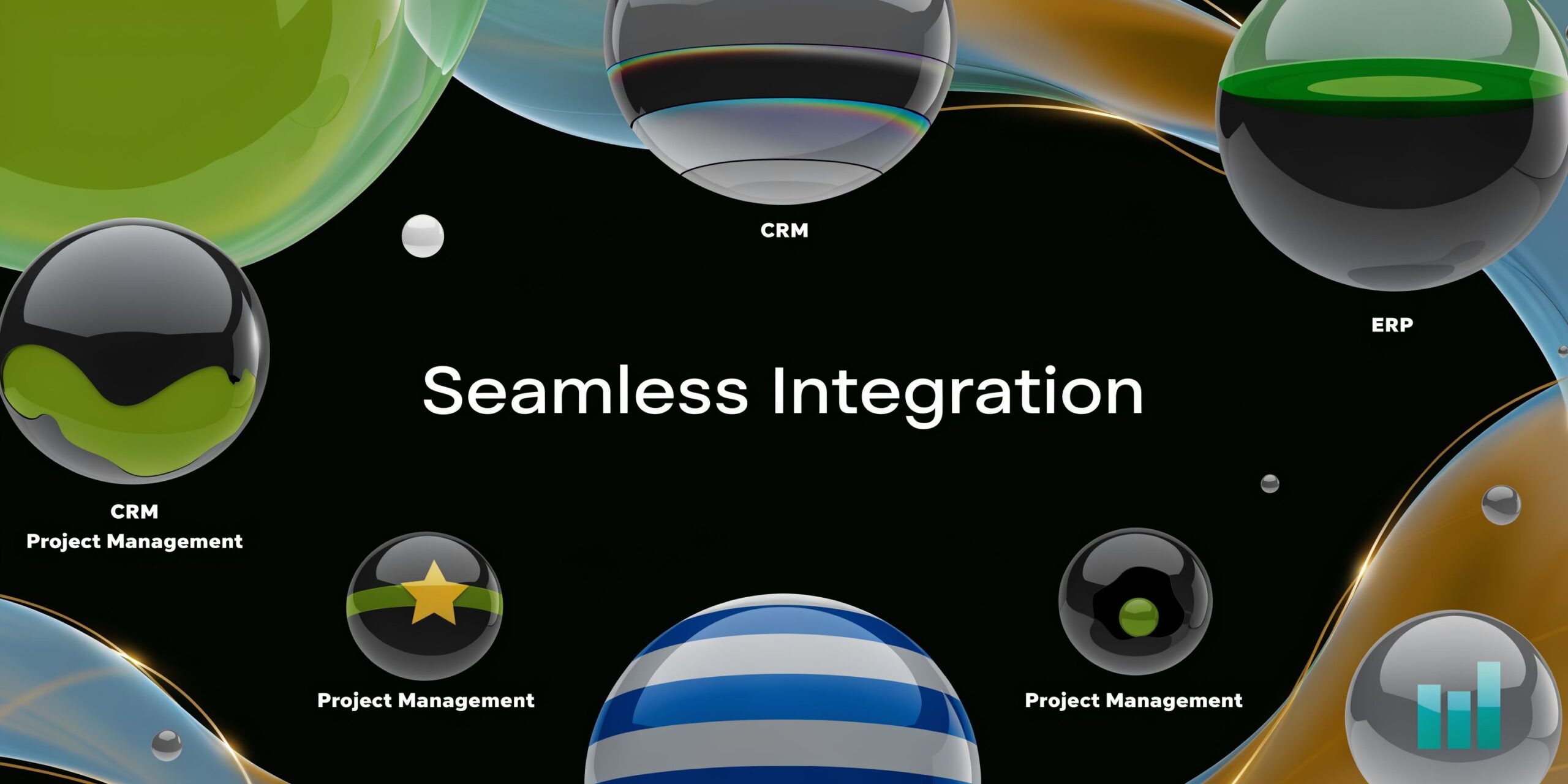 Abstract visualization of software systems showing CRM, ERP, and Project Management integrations on a dark background.