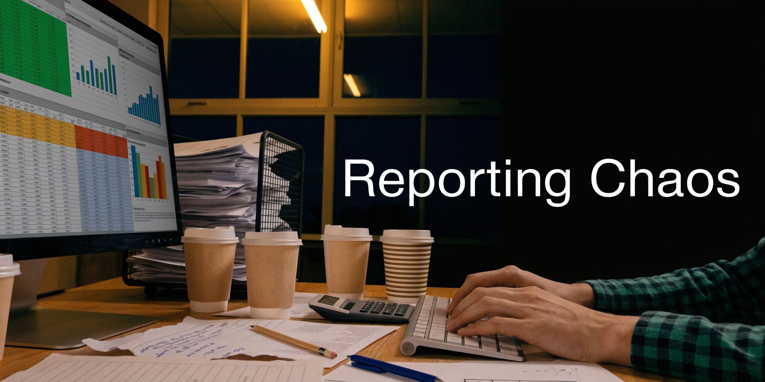 An office desk with charts on a computer screen, stacks of paper, coffee cups, and hands typing.