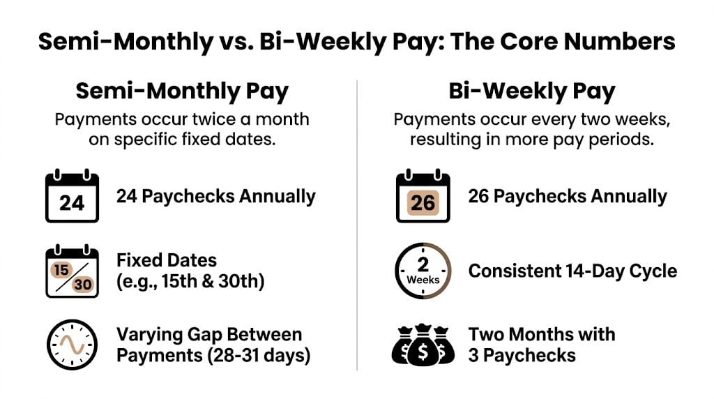 A comparison infographic between semi-monthly and bi-weekly pay frequencies showing differences in pay periods and schedules.