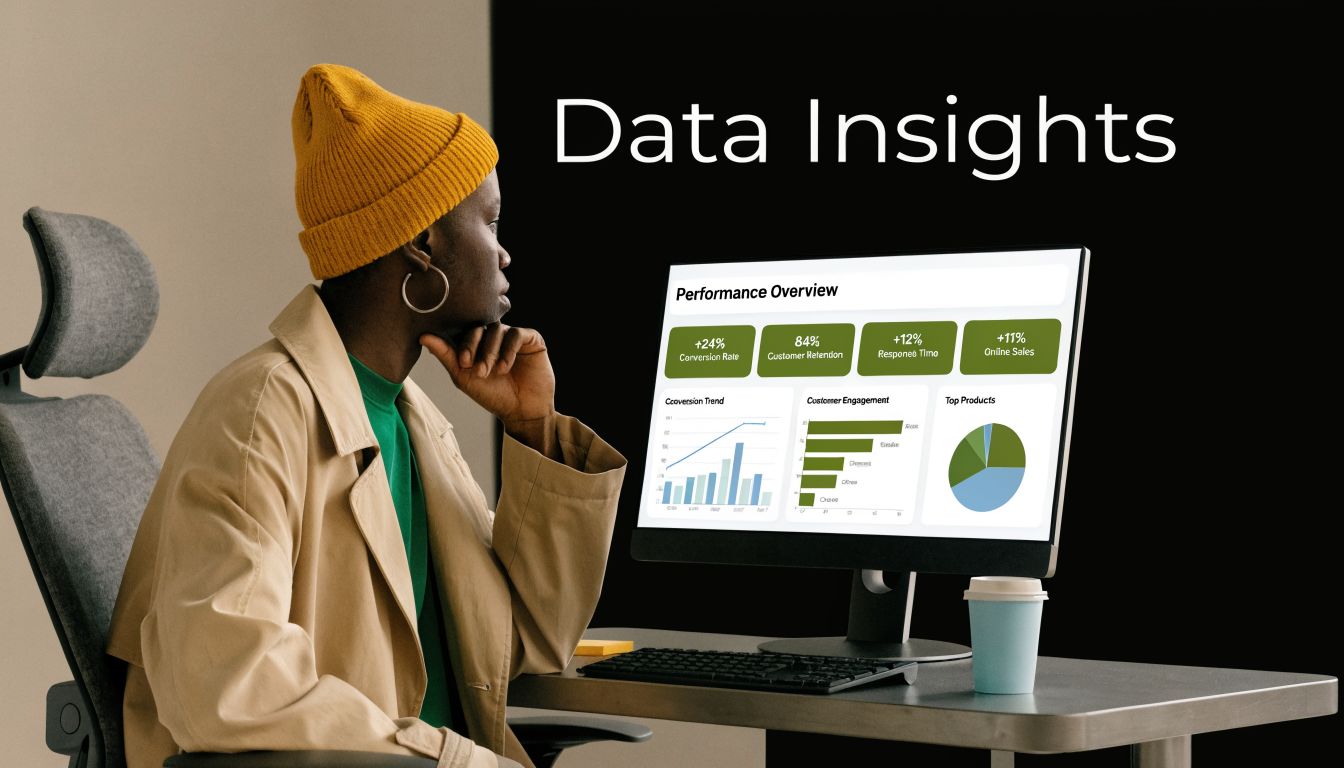 A professional analyzing data performance insights on a desktop computer screen in a modern workspace.