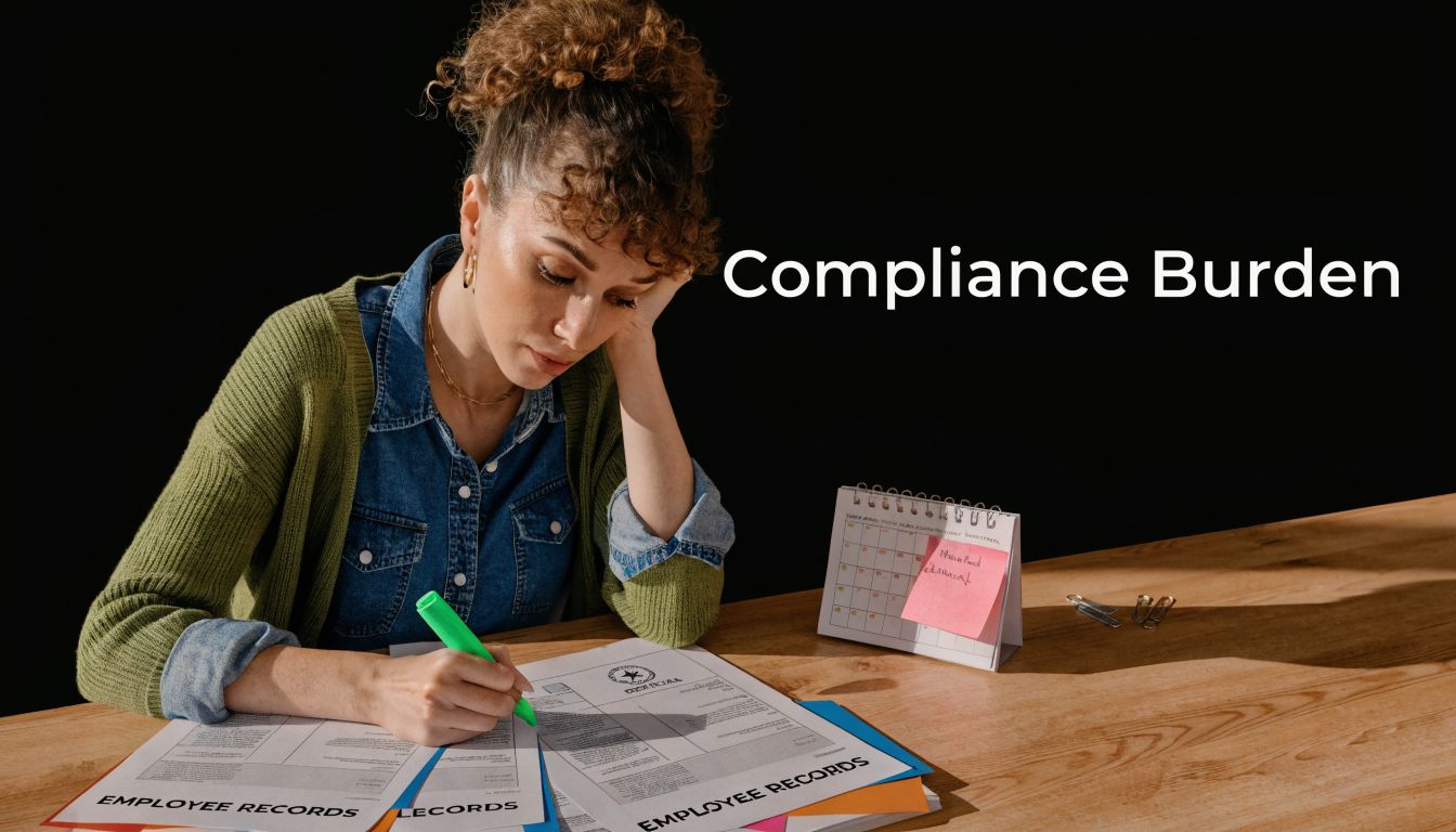 A stressed woman marking employee record documents at a wooden desk with a calendar in the background.