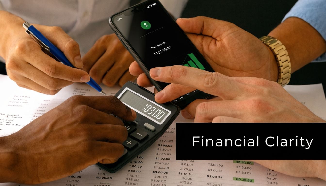 A group of diverse professionals reviewing financial documents with a calculator and smartphone for clarity.