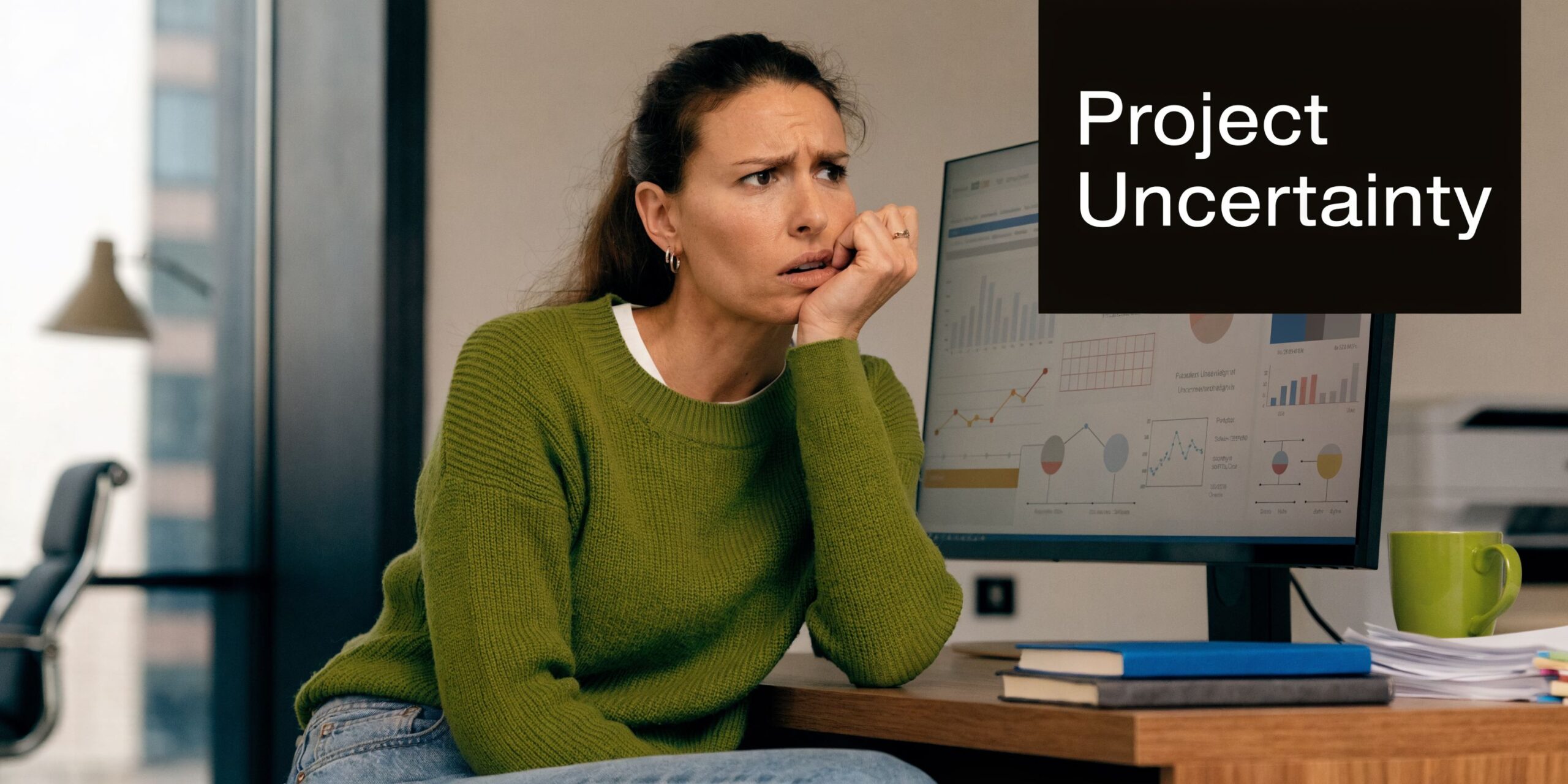 A concerned woman sitting at her office desk looking at financial data charts on a computer monitor.