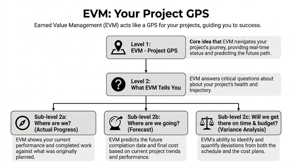 An infographic titled EVM: Your Project GPS explaining Earned Value Management levels, metrics, and forecasting project performance.