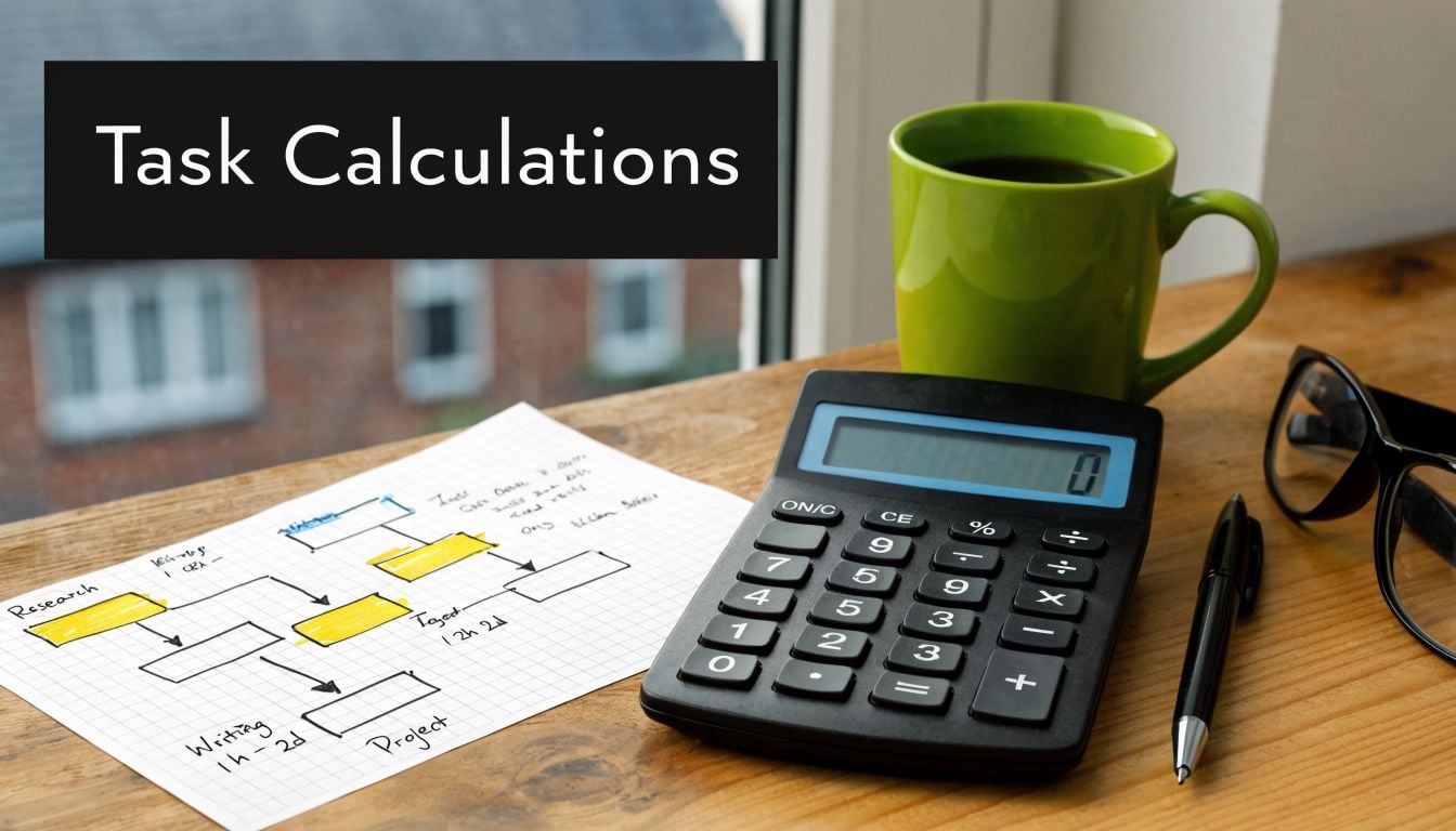 A workspace featuring a task calculation flowchart, a calculator, a green coffee mug, and eyeglasses.
