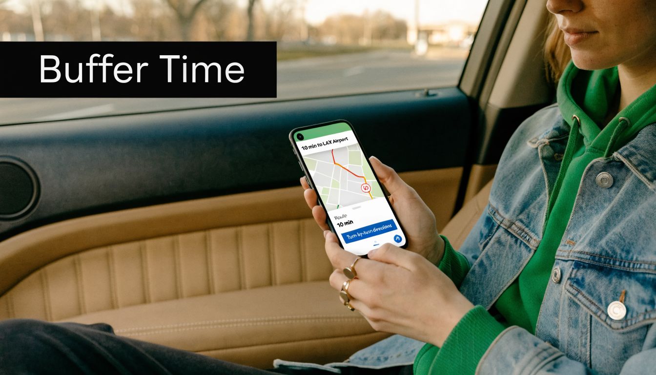 A woman riding in a car looks at a navigation app on her smartphone showing directions.