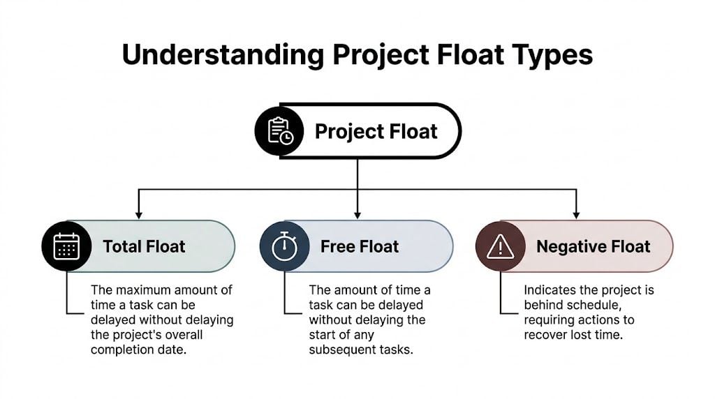 A diagram illustrating the three types of project float: total float, free float, and negative float.