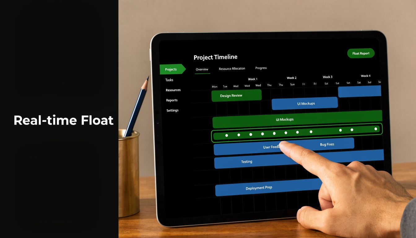 A digital tablet displaying a project management timeline with interactive task bars and project planning schedule details.