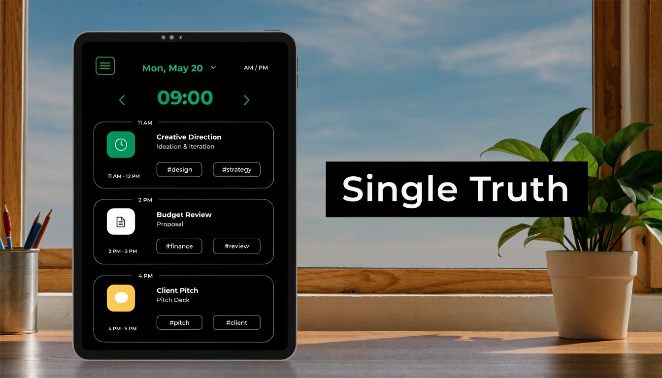 A tablet on a desk displaying a digital daily schedule app with three upcoming work meetings.