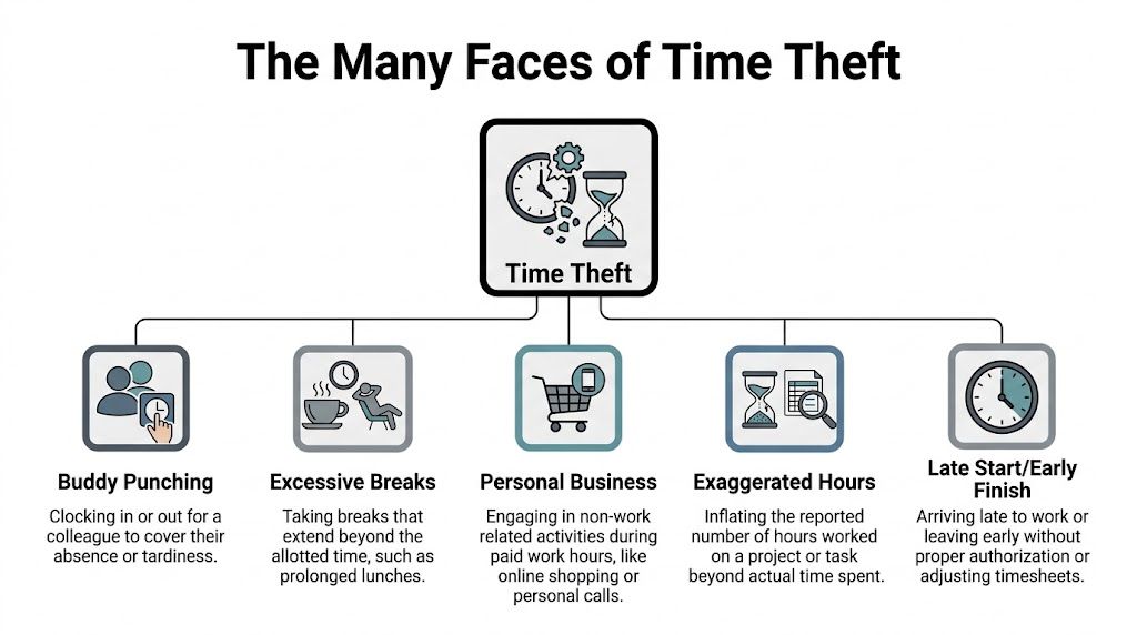 A diagram illustrating five common examples of time theft in the workplace, including buddy punching and excessive breaks.