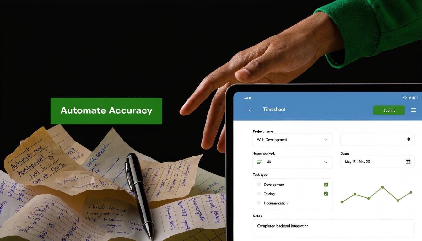 A hand reaching for a digital tablet displaying an automated timesheet interface over cluttered handwritten notes.