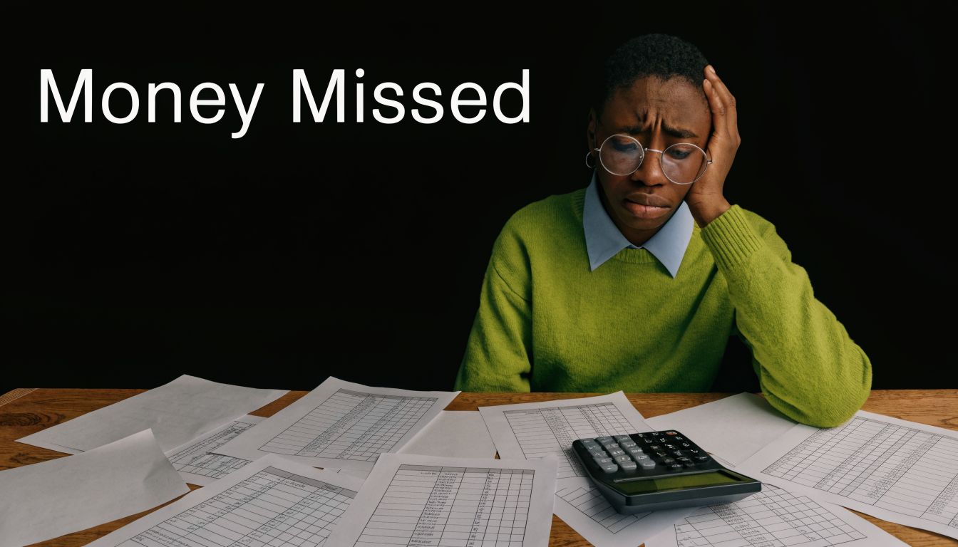 A person looking stressed while reviewing financial documents and using a calculator at a wooden desk.