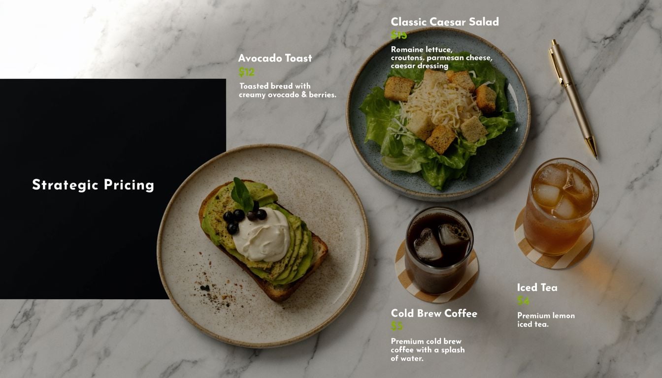 A menu featuring Avocado Toast, Caesar Salad, Cold Brew Coffee, and Iced Tea on a marble surface.