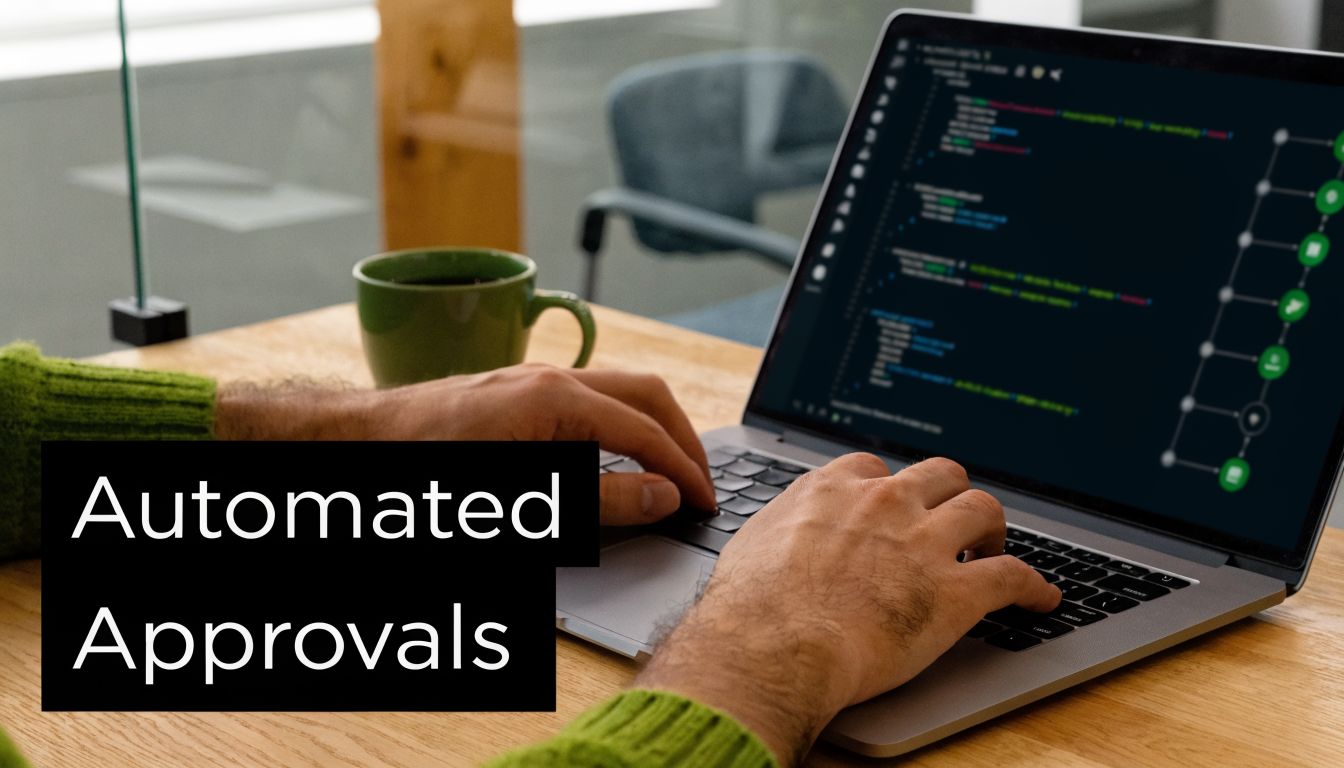 A developer working on automated software workflows on a laptop at a desk with coffee.