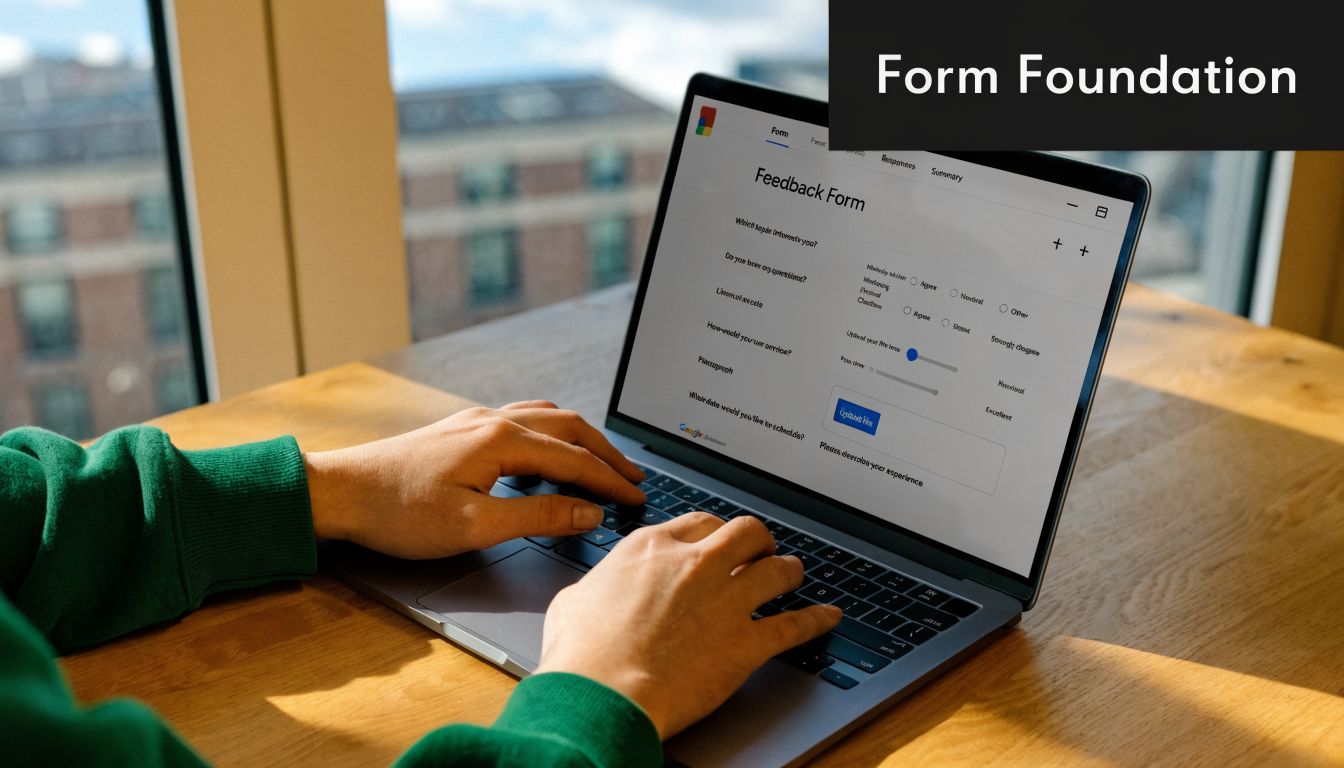 A person wearing a green sweater typing on a laptop displaying a feedback form on a screen.