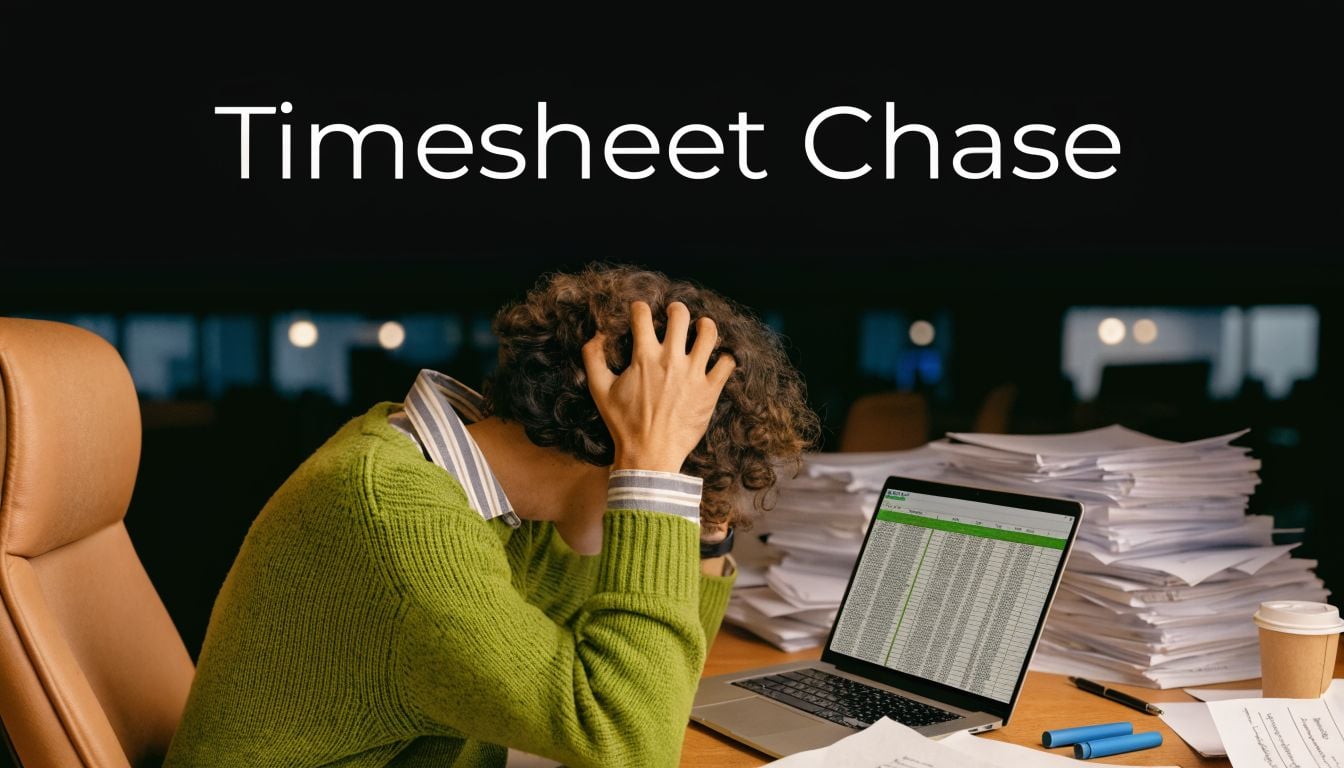A frustrated office worker hunches over a laptop displaying a spreadsheet, surrounded by stacks of paperwork.