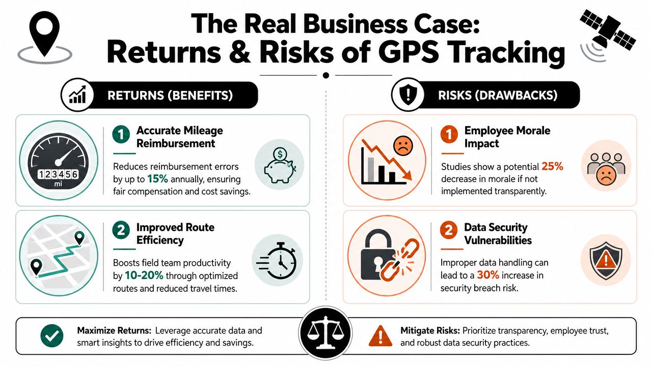 An infographic showing the business returns and potential risks of implementing employee GPS tracking systems.
