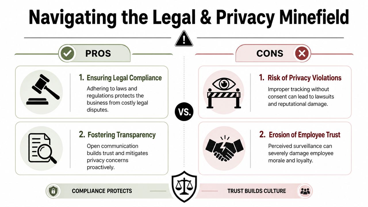 An infographic comparing the pros and cons of navigating legal and privacy minefields in business settings.