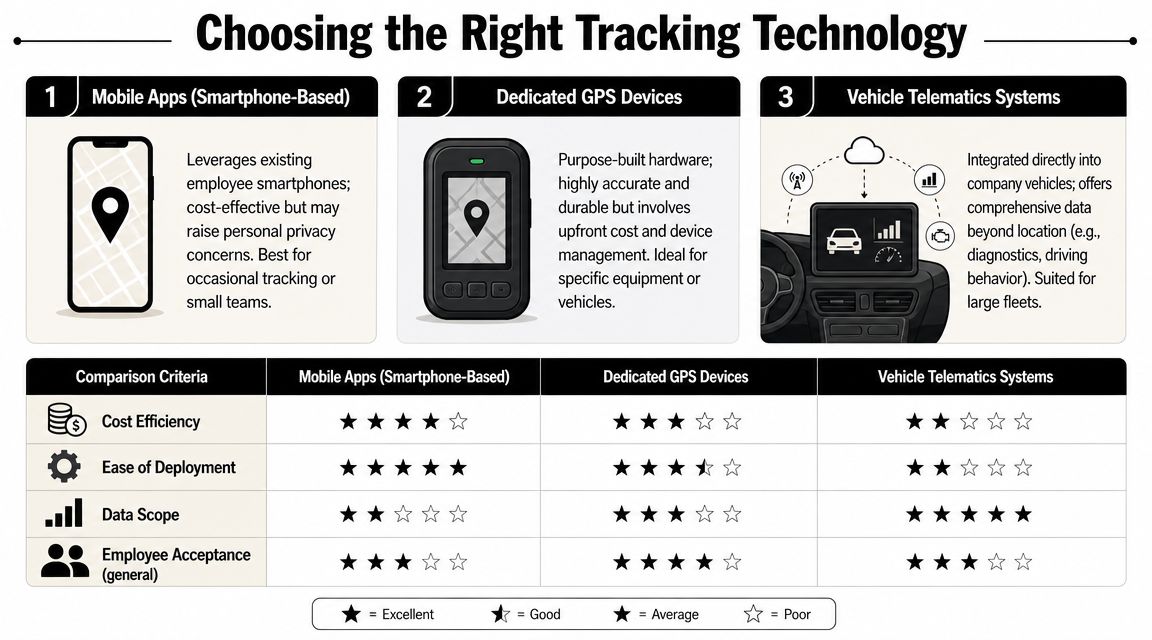 A comparison chart showing three types of employee tracking technology with ratings for cost, deployment, and data scope.