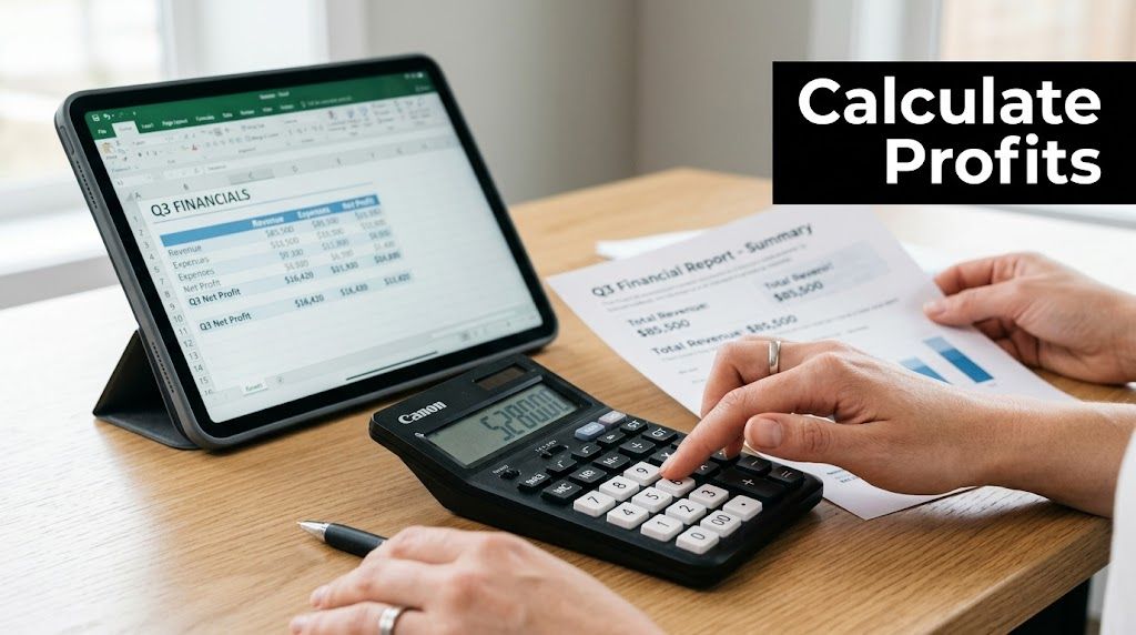 A person calculating financial reports using a digital tablet, paper documents, and a calculator on a desk.