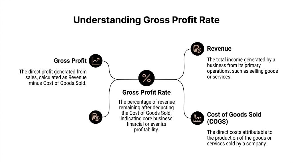 A diagram explaining gross profit rate, showing relationships between revenue, cost of goods sold, and gross profit.