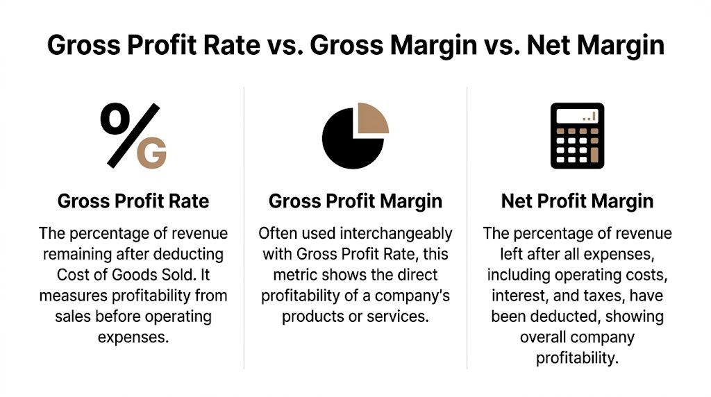 A comparison chart explaining the definitions of Gross Profit Rate, Gross Profit Margin, and Net Profit Margin.