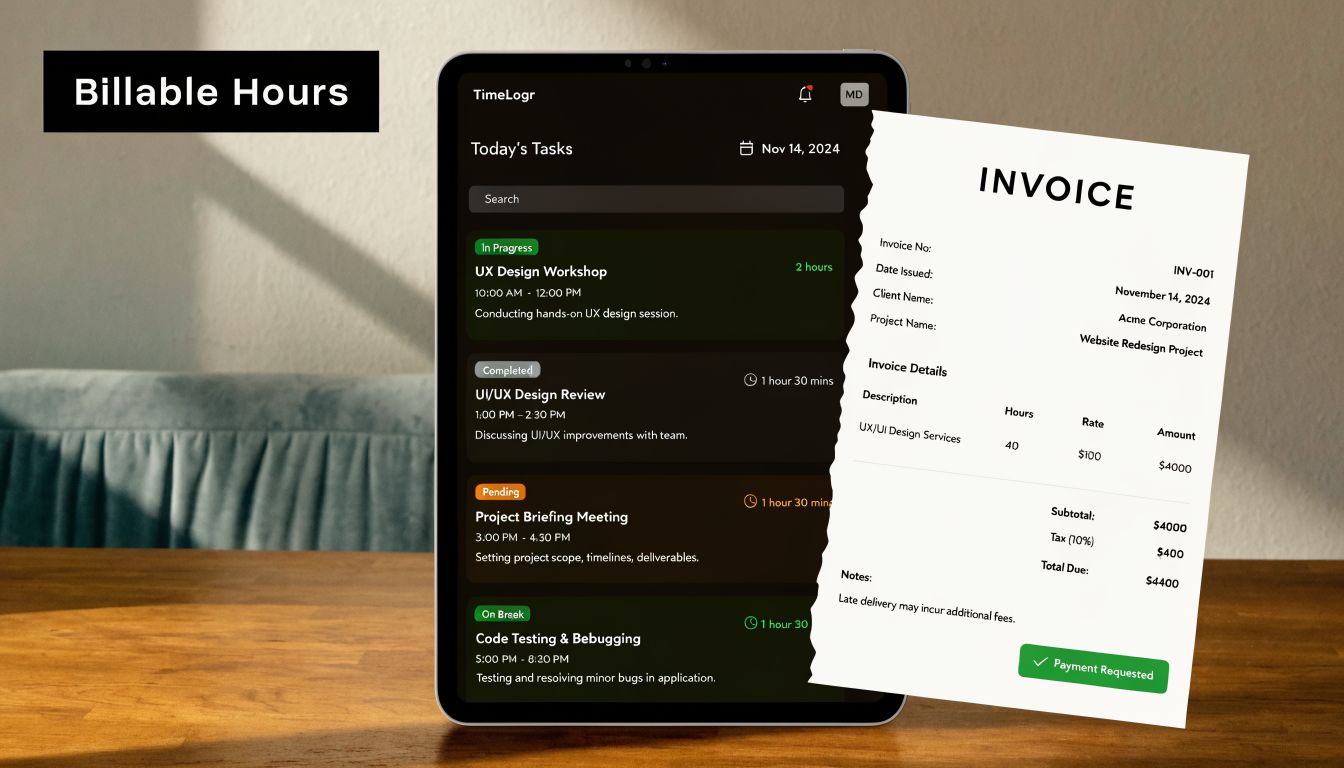 A digital tablet displaying a project management time tracker next to a printed professional invoice document.