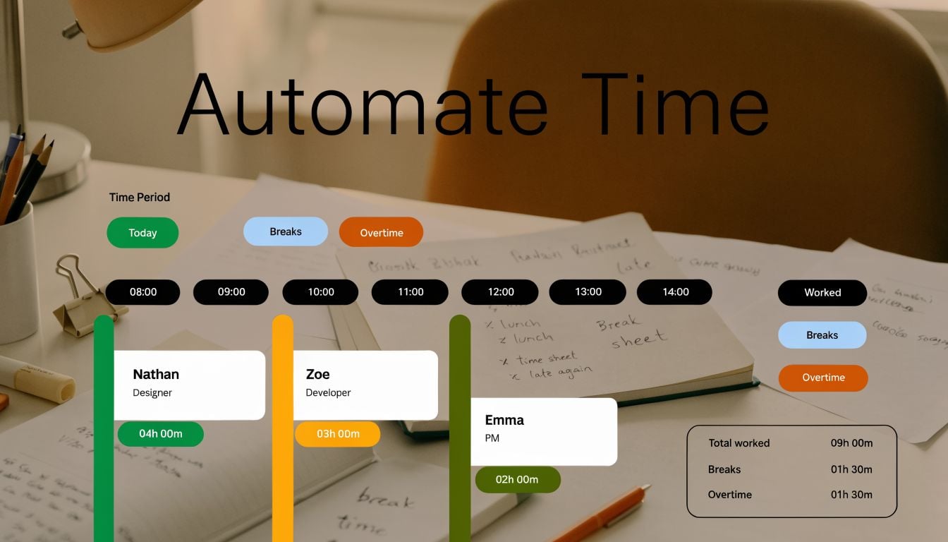 A digital dashboard showing daily employee time tracking data with hours worked for Nathan, Zoe, and Emma.