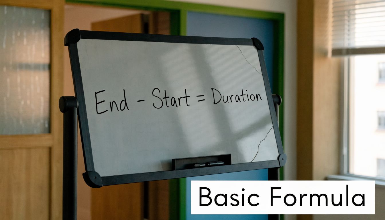 A whiteboard displays the text End minus Start equals Duration in a clear, handwritten style font.