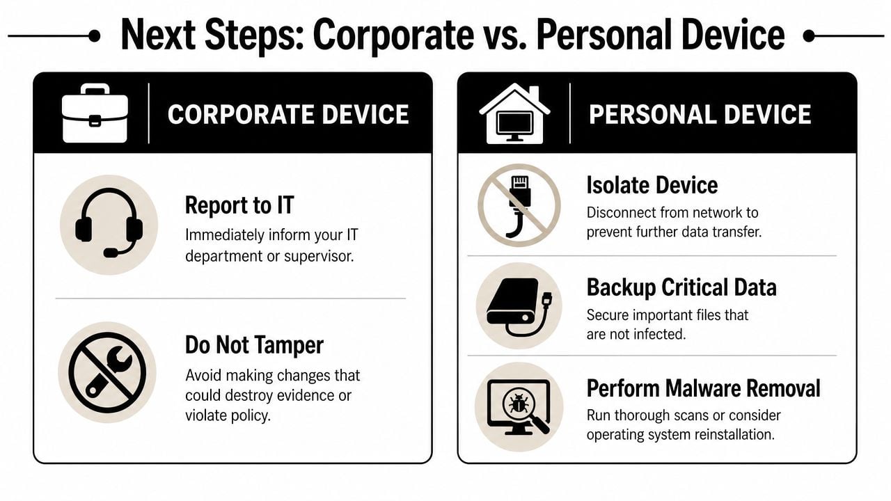 A guide illustrating appropriate actions to take when a corporate or personal computer is compromised or infected.