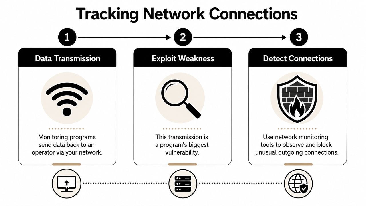 An infographic showing three steps to track network connections and detect unauthorized data monitoring on a computer.